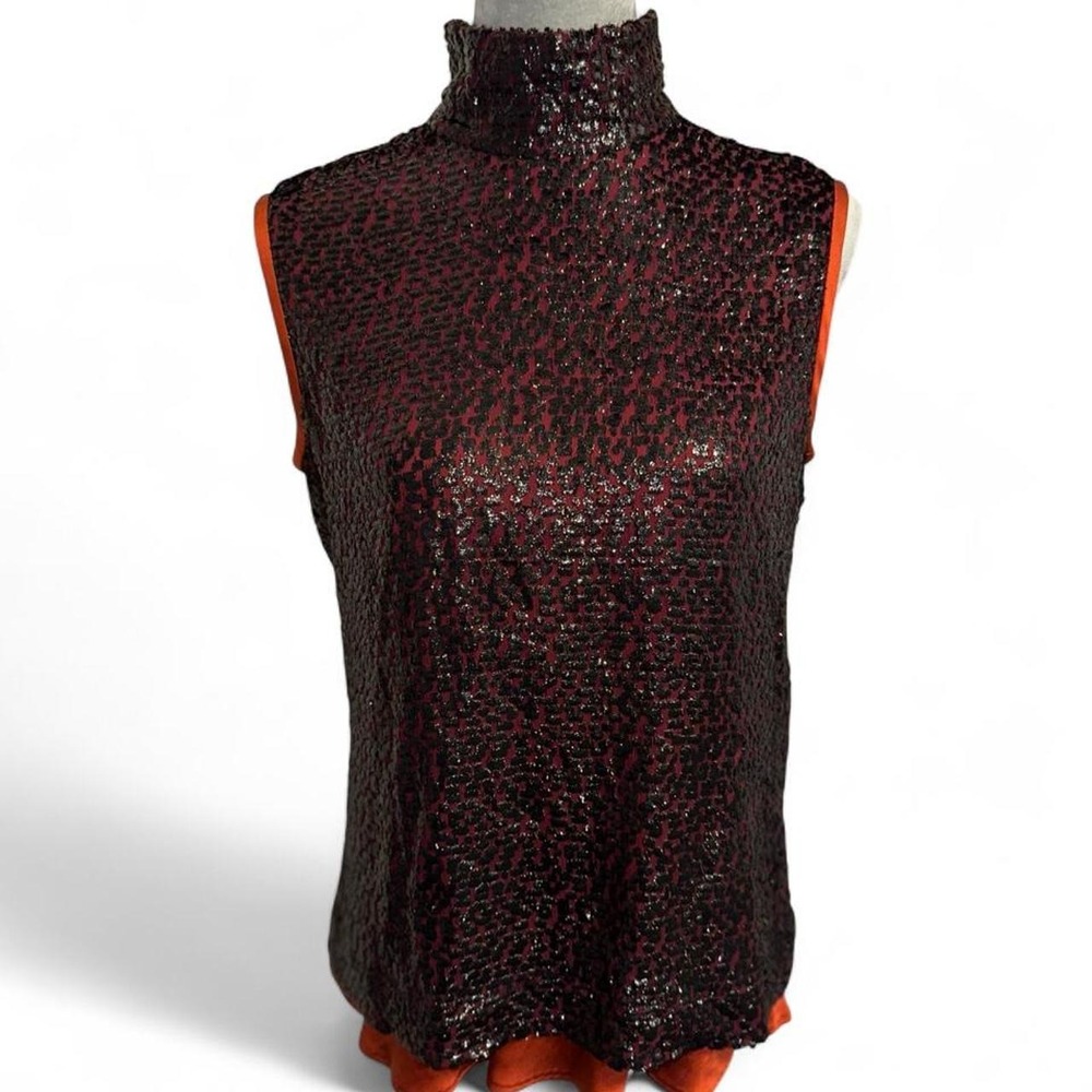 CÉLINE Vintage Metallic Sequin High Neck Sleeveless Top Silk Lined Rust Orange